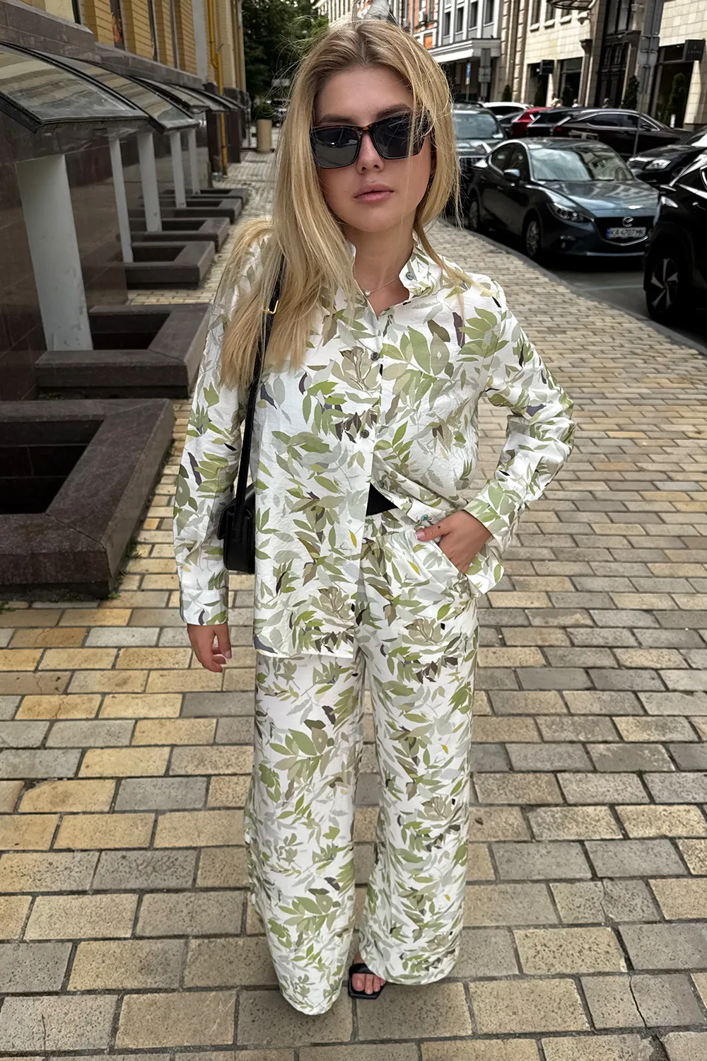 Green muslin suit with shirt and trousers