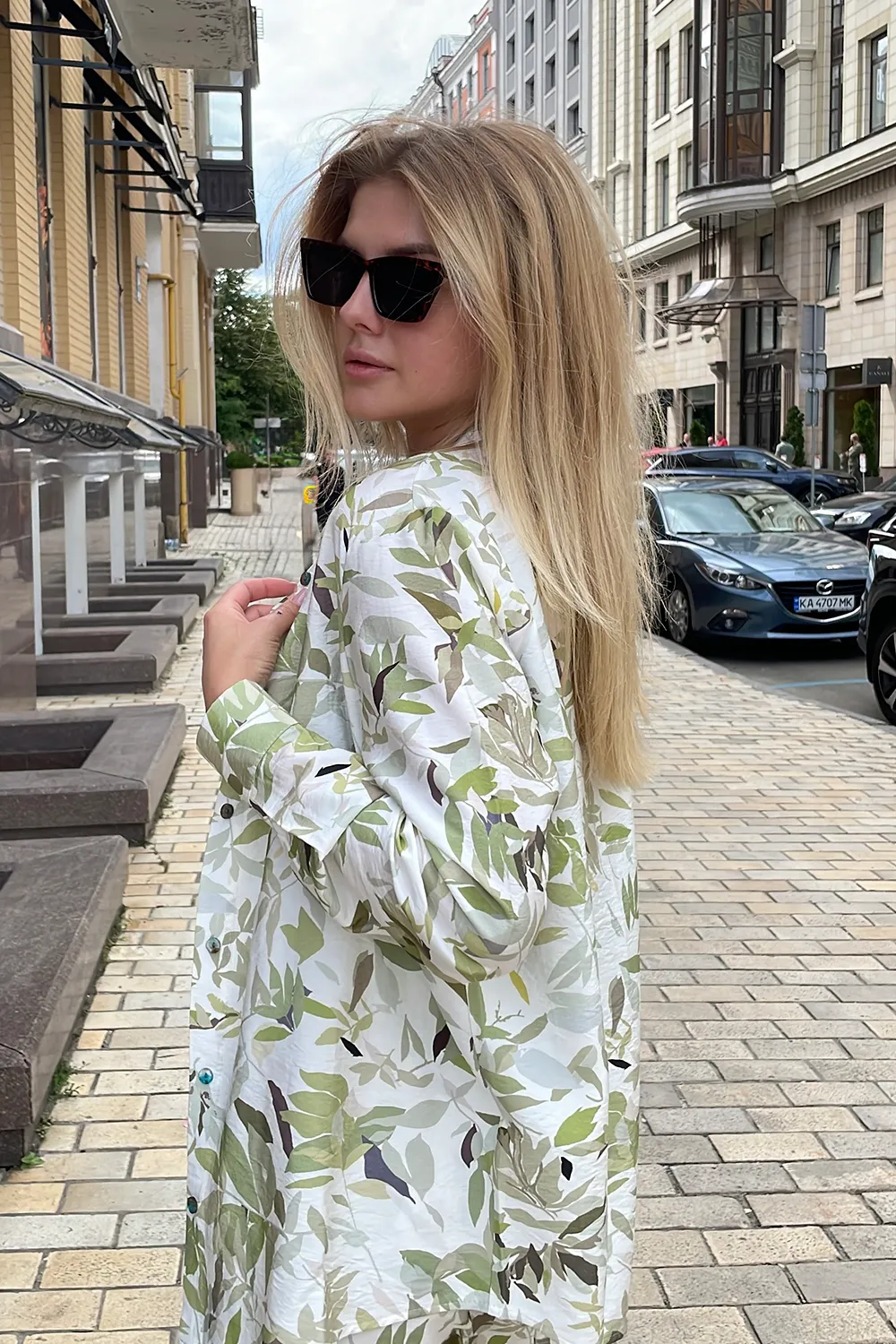 Green muslin suit with shirt and trousers