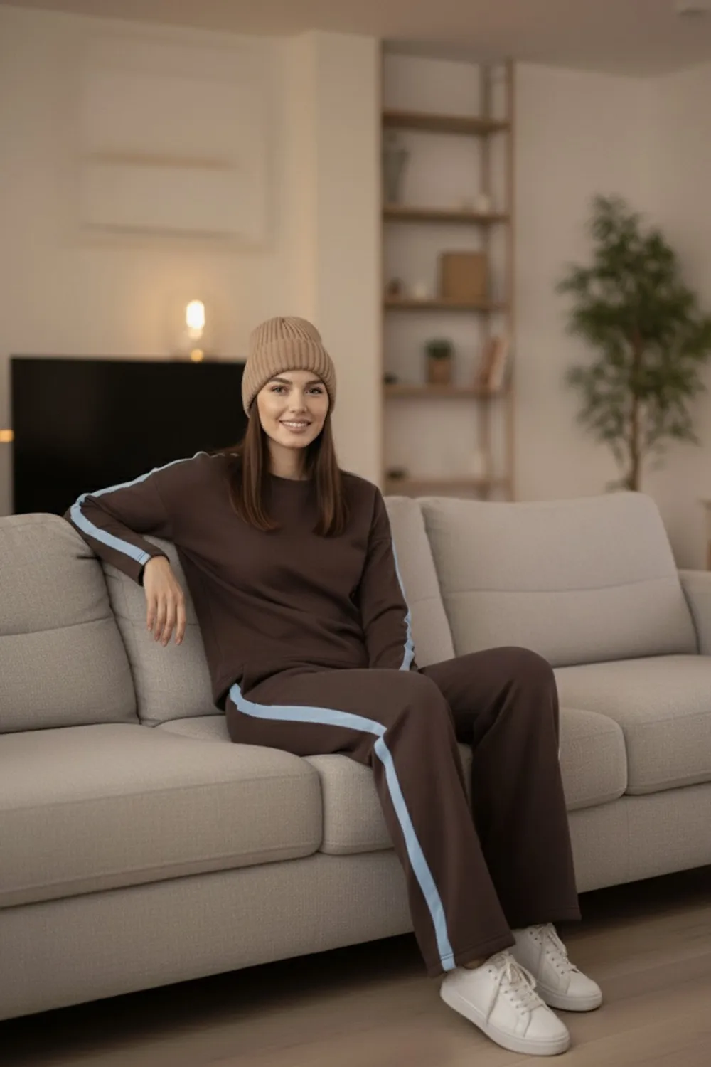 Chocolate walking suit with stripes