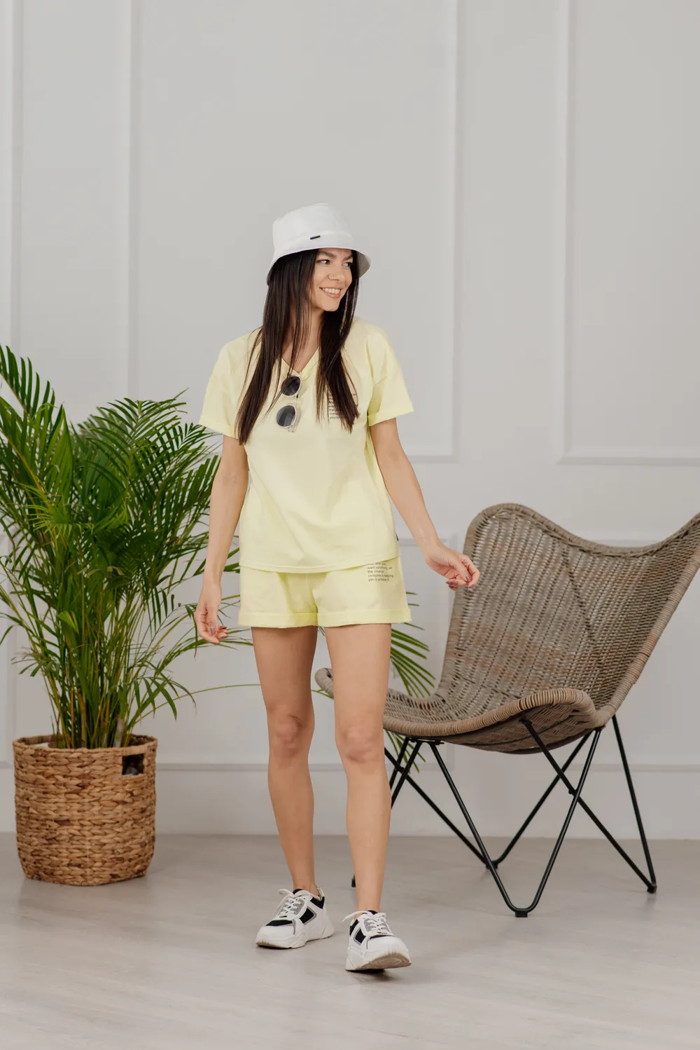 Yellow suit shorts and T-shirt