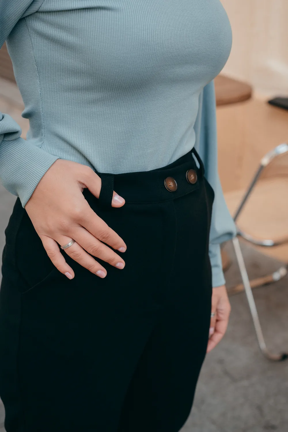 Black trousers with beveled waistband