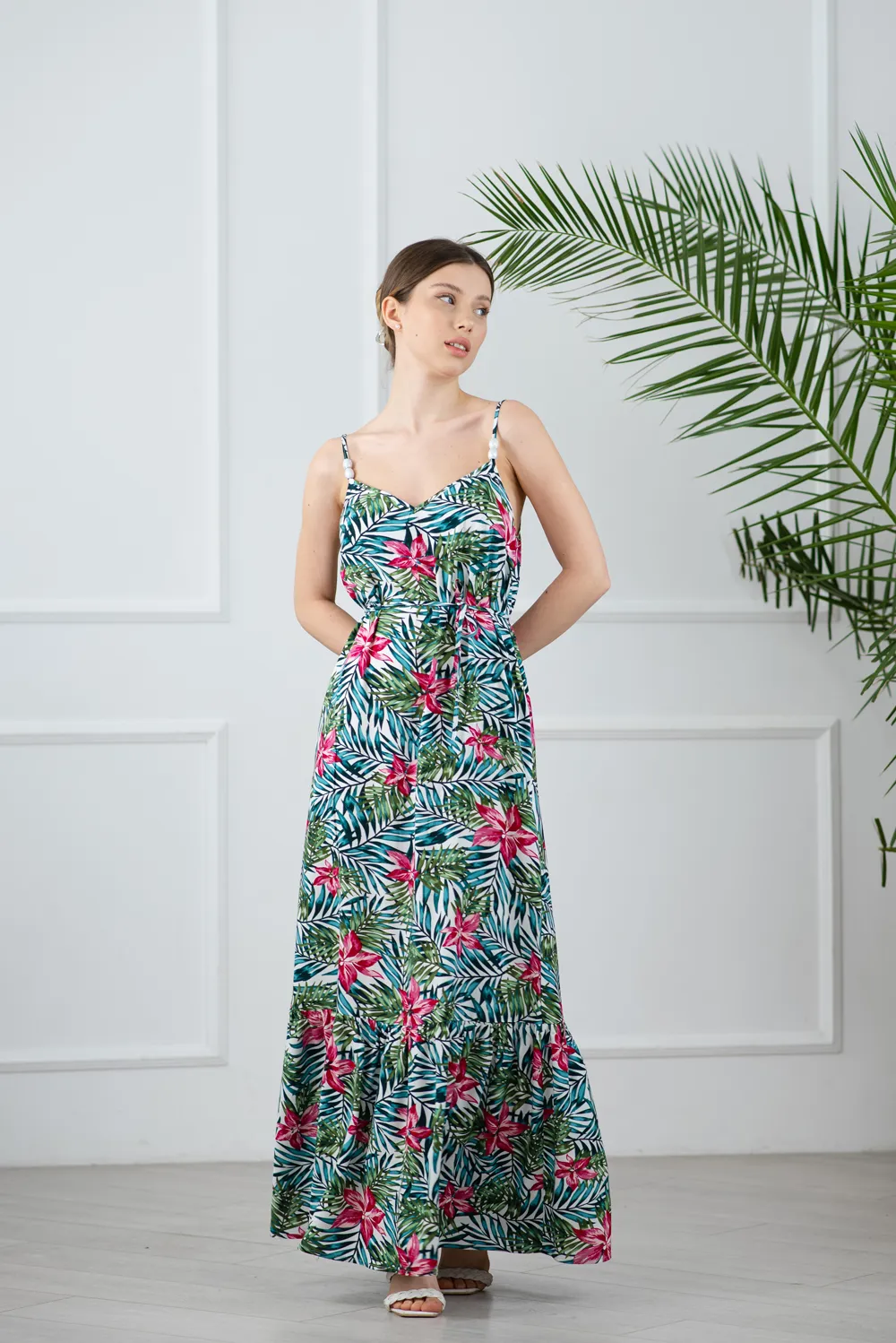 Staple print sarafan with thin straps.