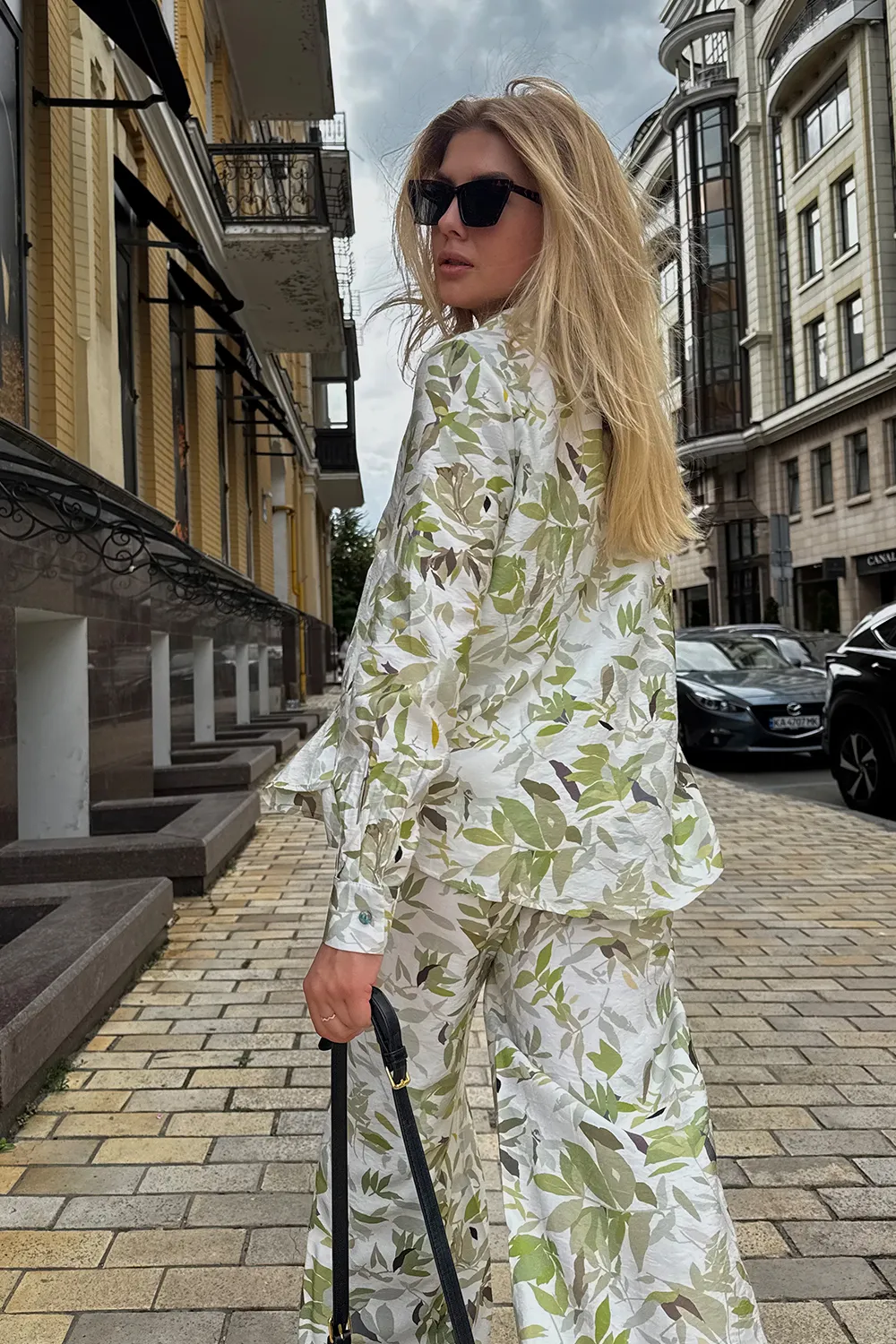 Green muslin suit with shirt and trousers