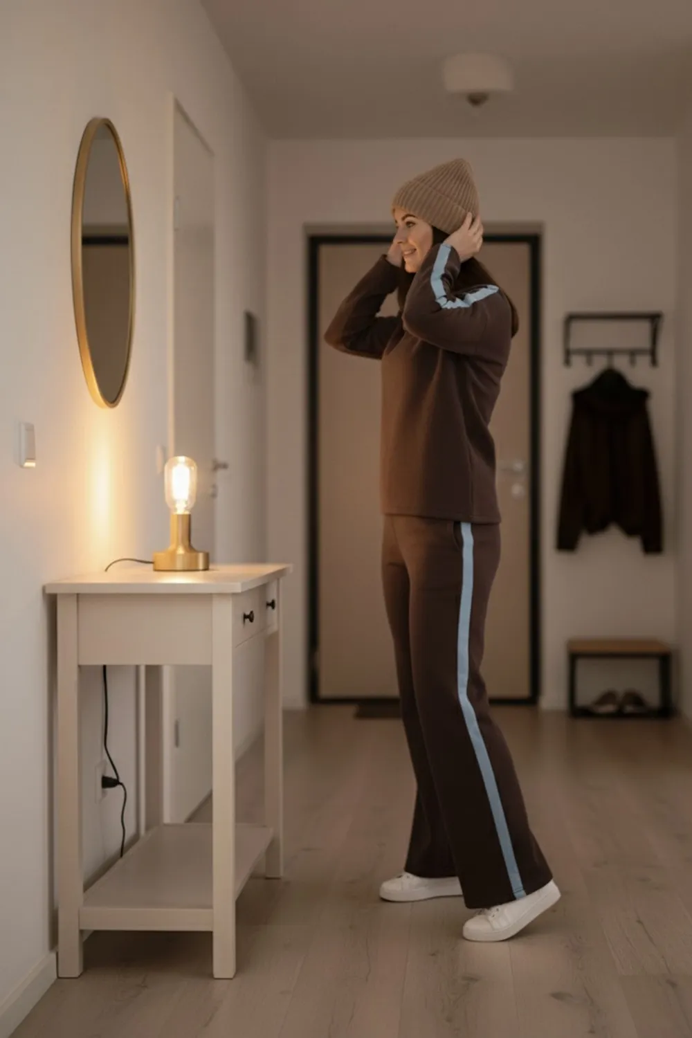 Chocolate walking suit with stripes