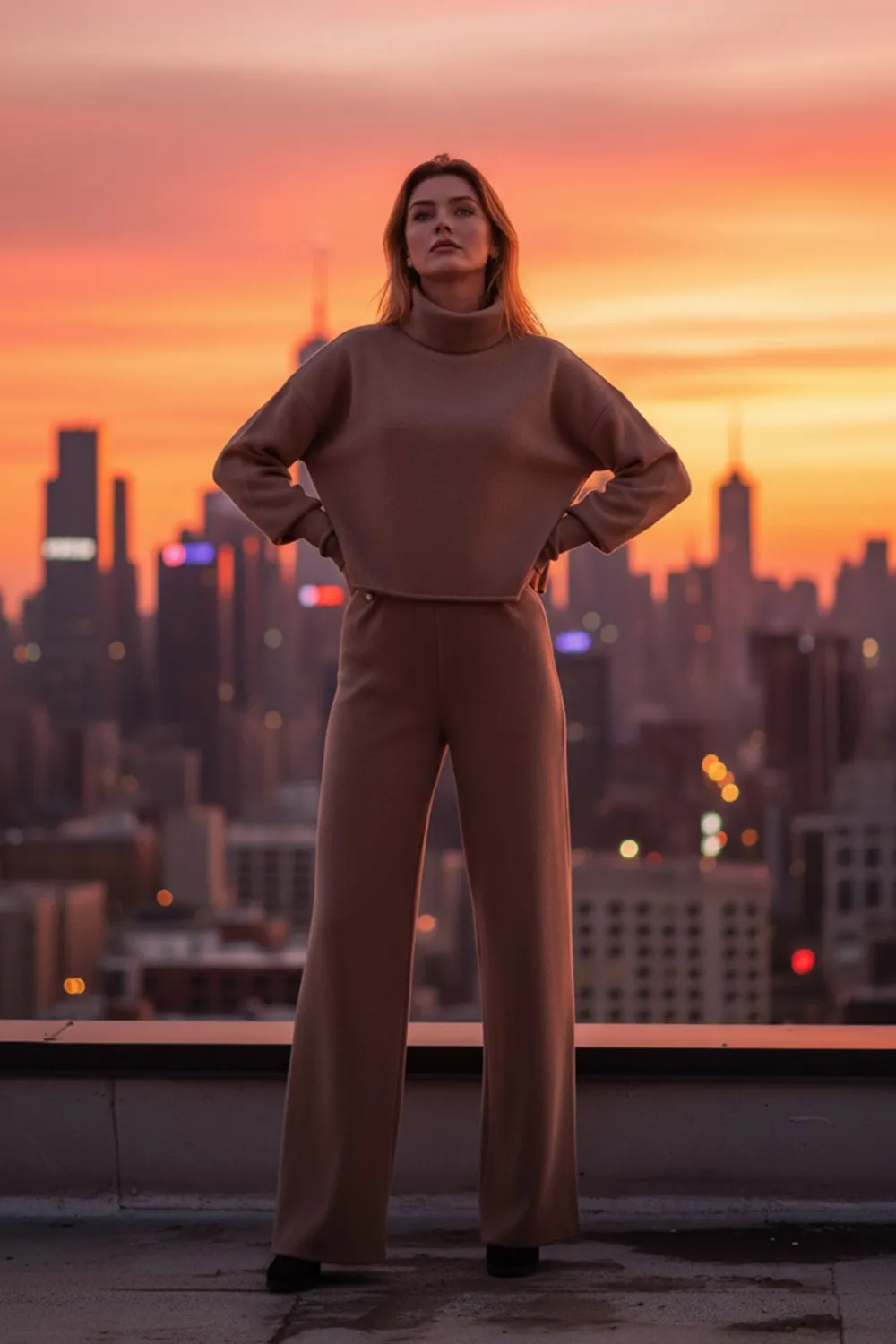 Beige walking suit made of soft knitted angora