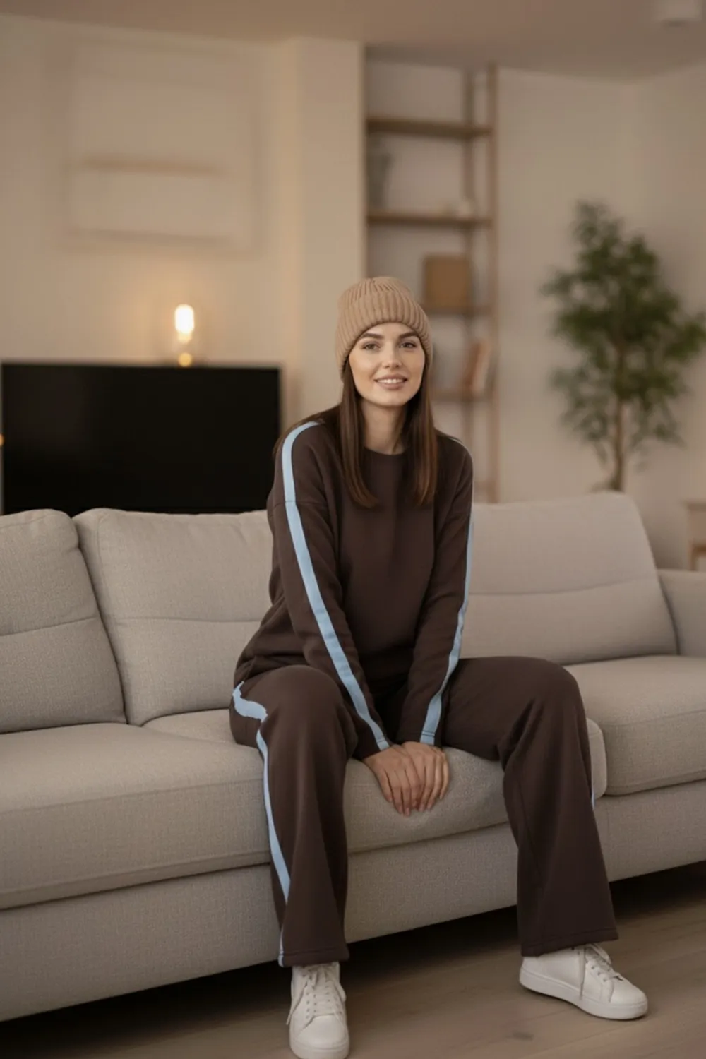 Chocolate walking suit with stripes