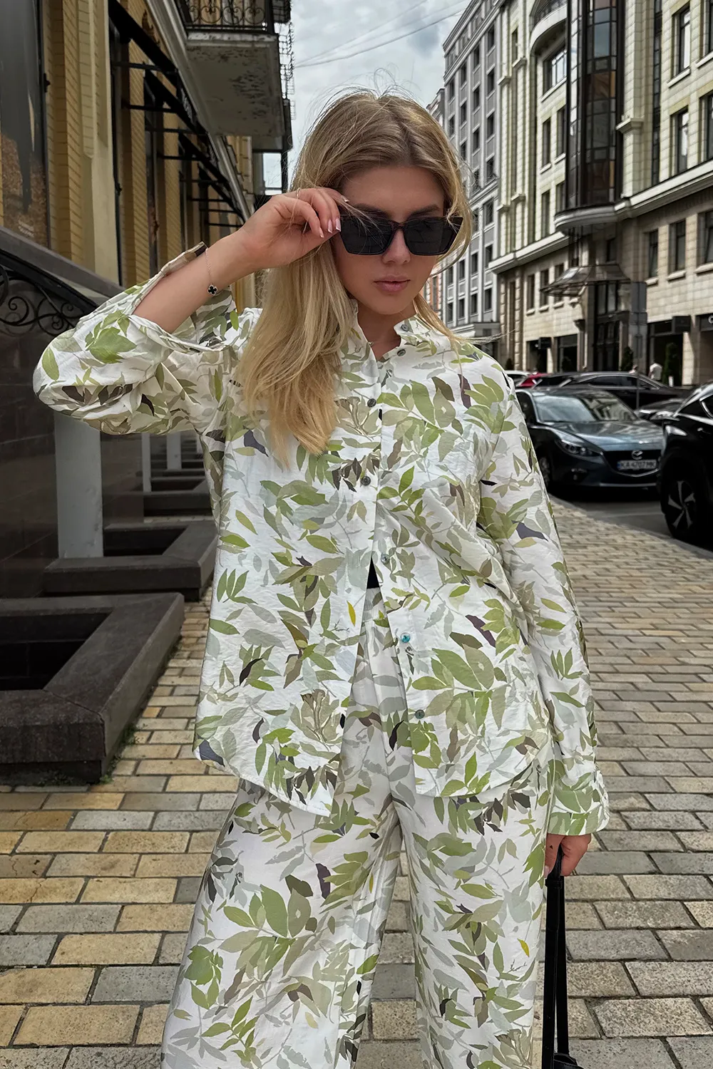 Green muslin suit with shirt and trousers