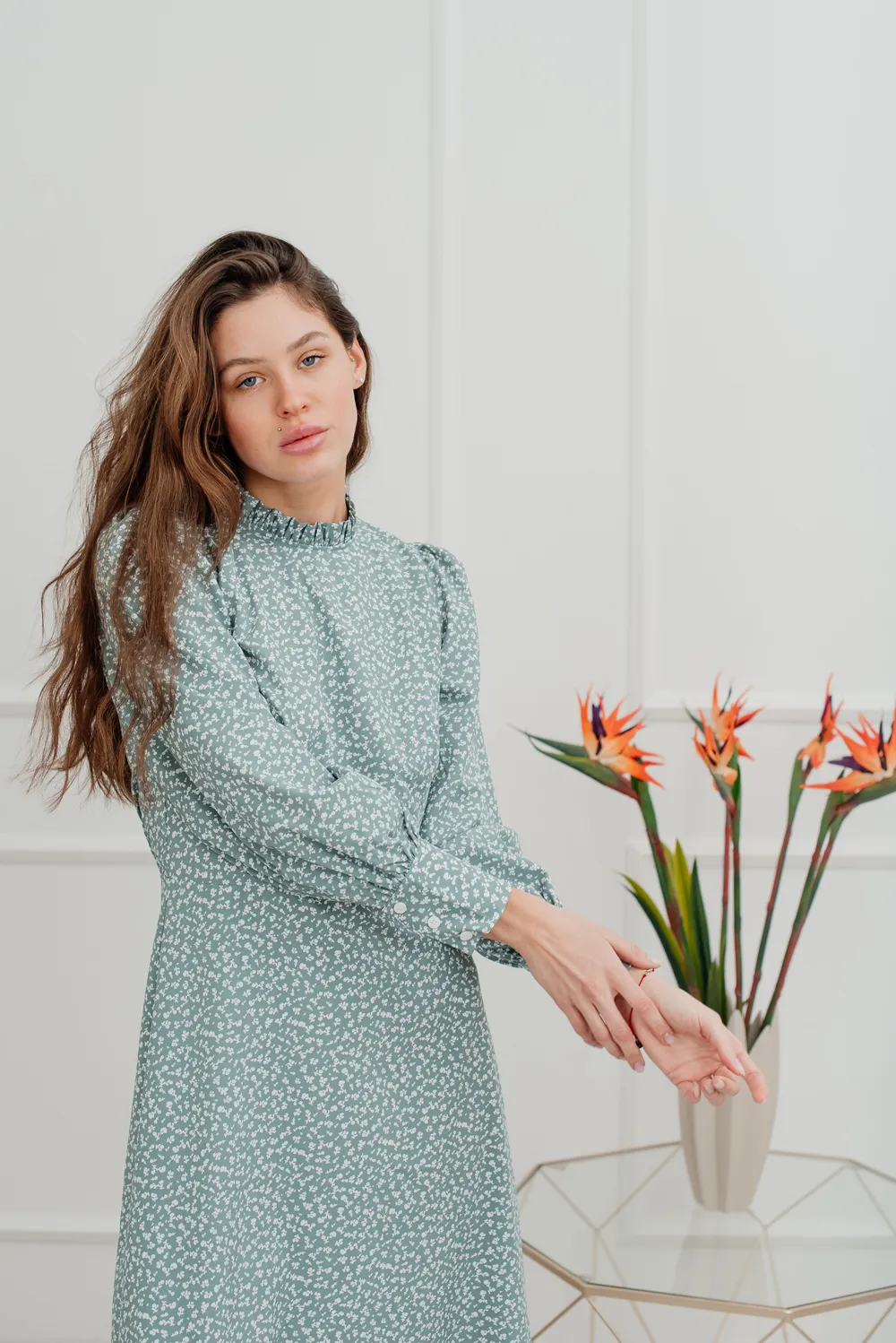 Dress with stand-up collar and delicate ruffles
