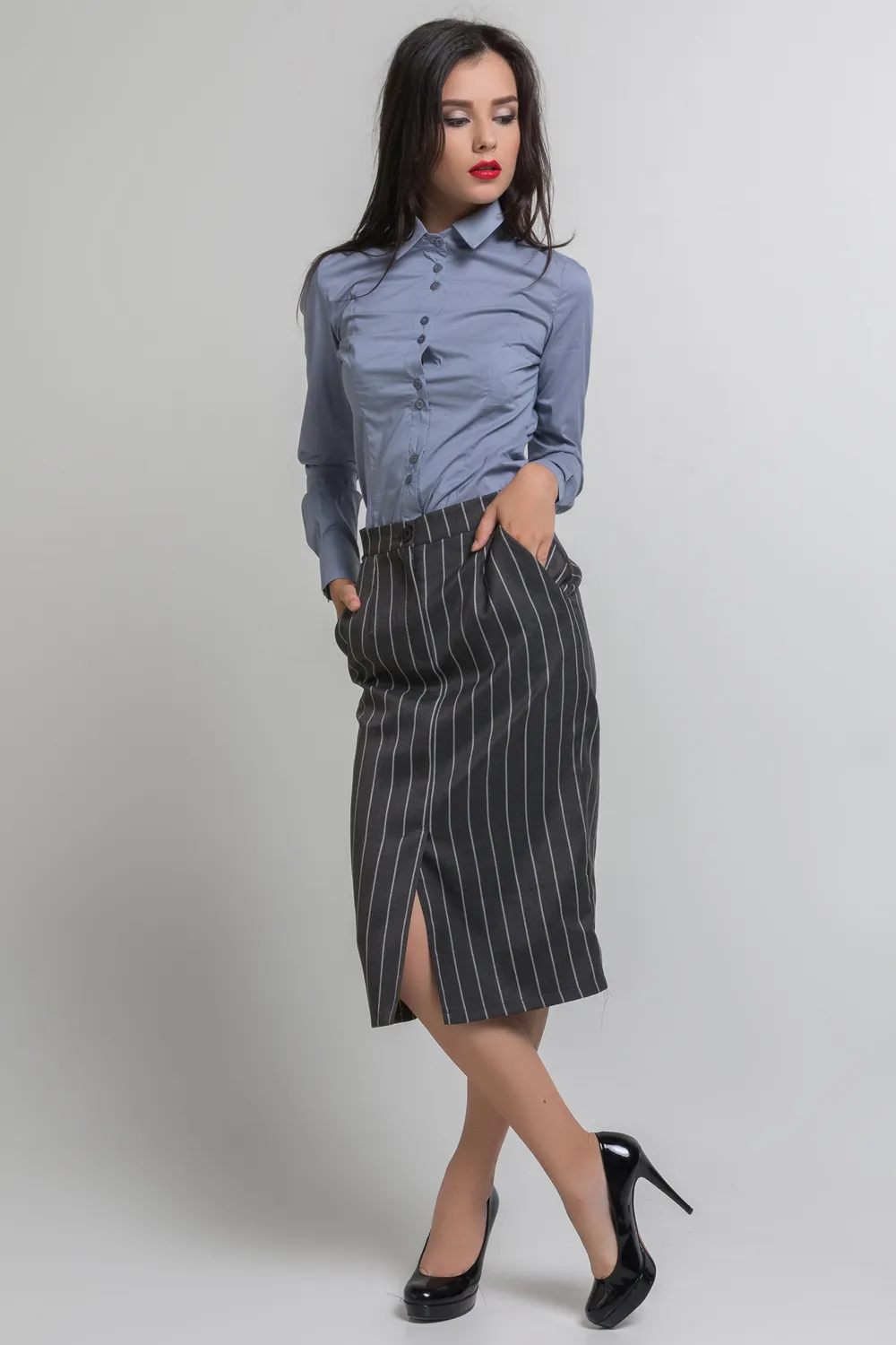 Gray striped midi length skirt.