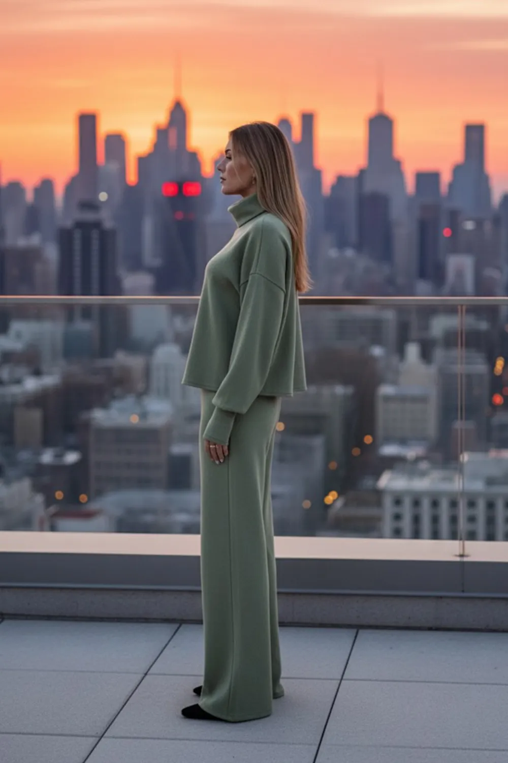 Olive green soft knit angora walking suit
