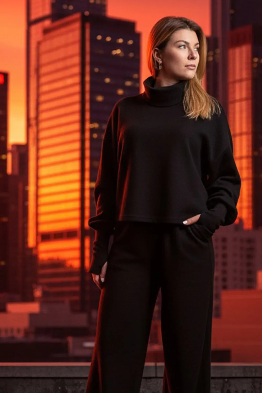 Black walking suit made of soft knitted angora