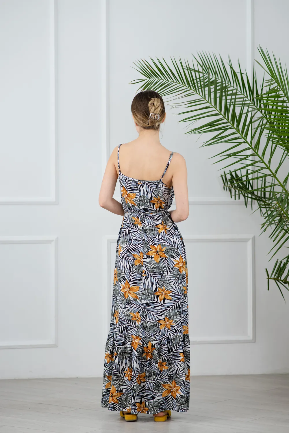 Staple print sarafan with thin straps.