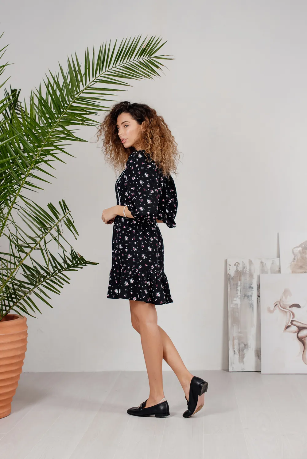 Black Provence style mini dress with lace