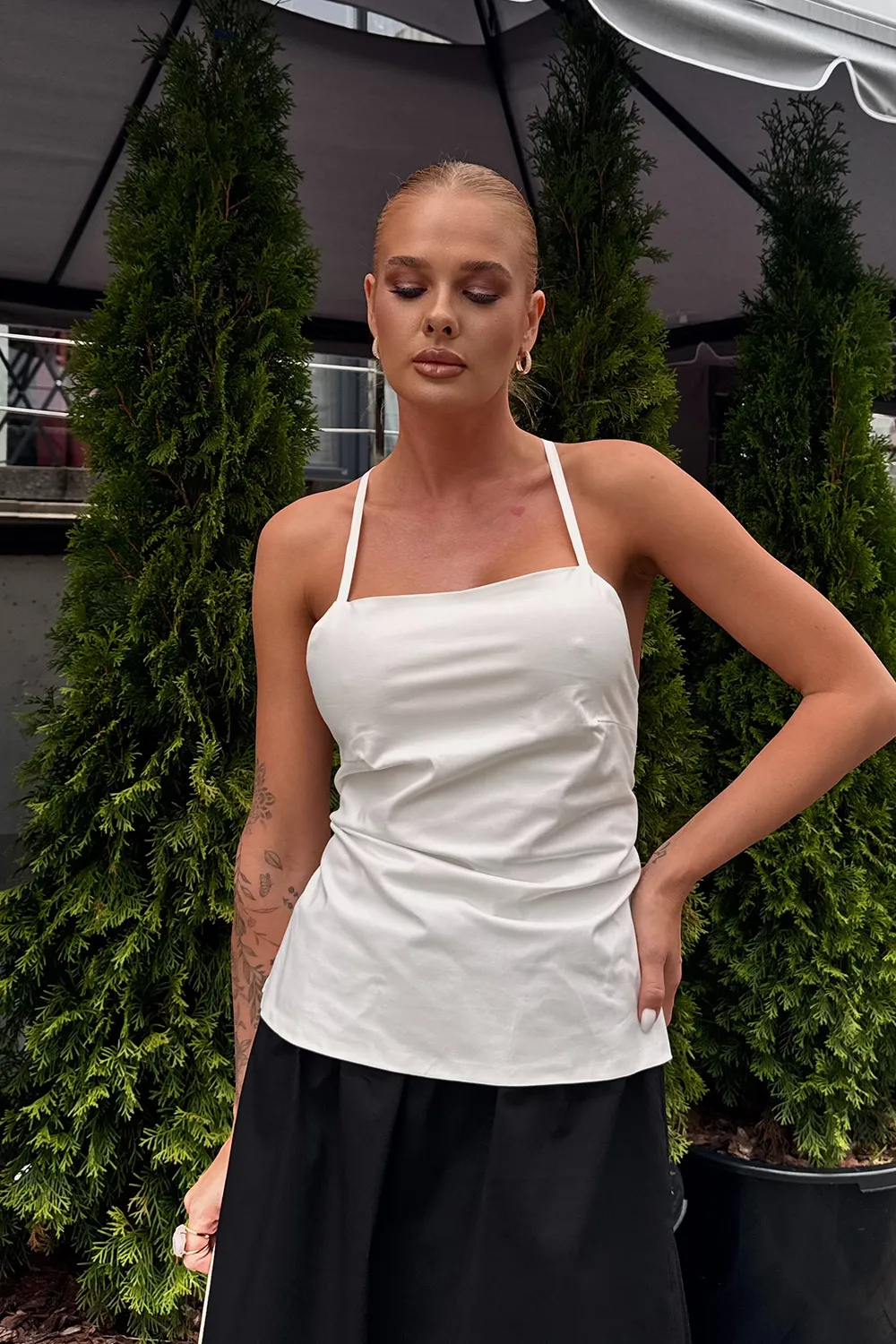 White cotton top with lace up back
