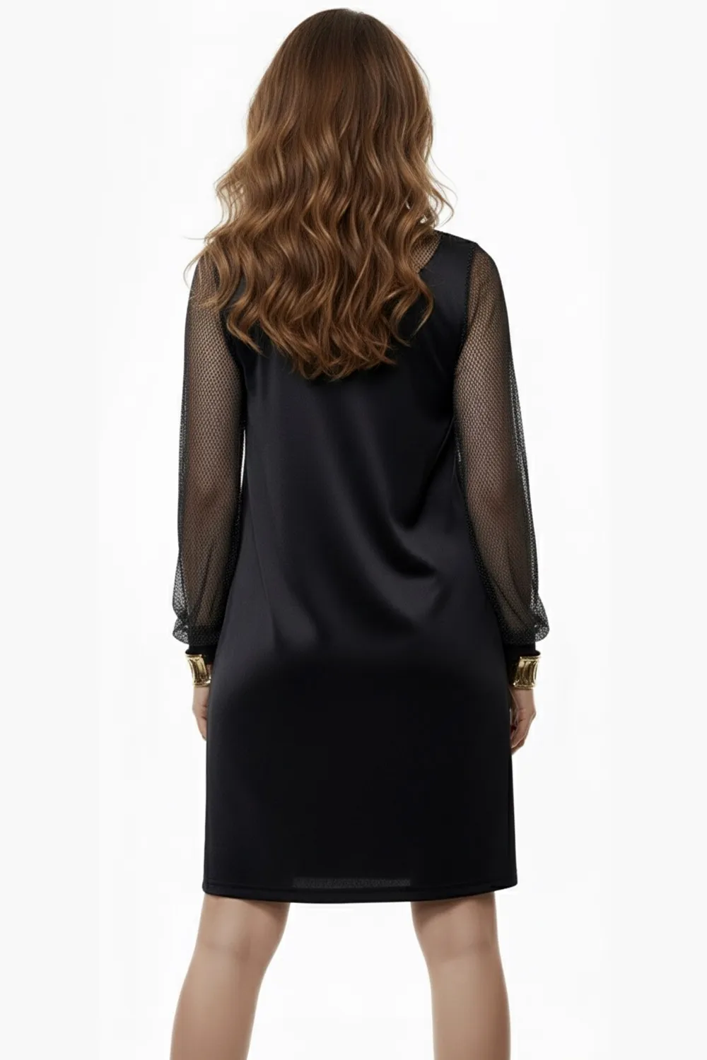 Черное свободное платье-трапеция с полупрозрачной сеткой