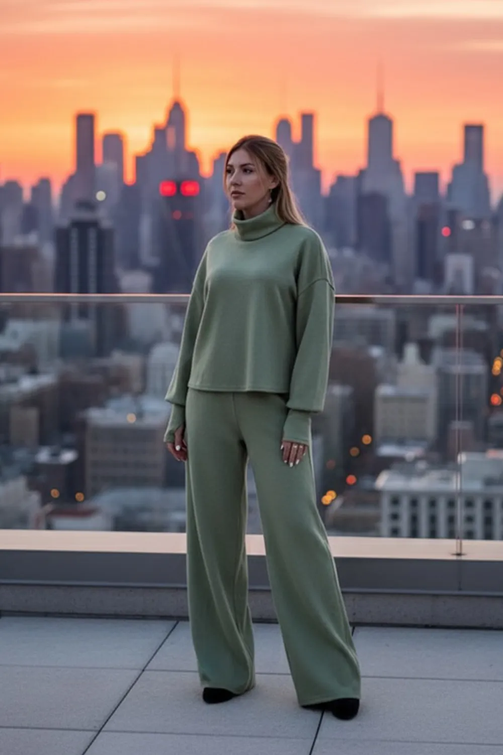 Olive green soft knit angora walking suit