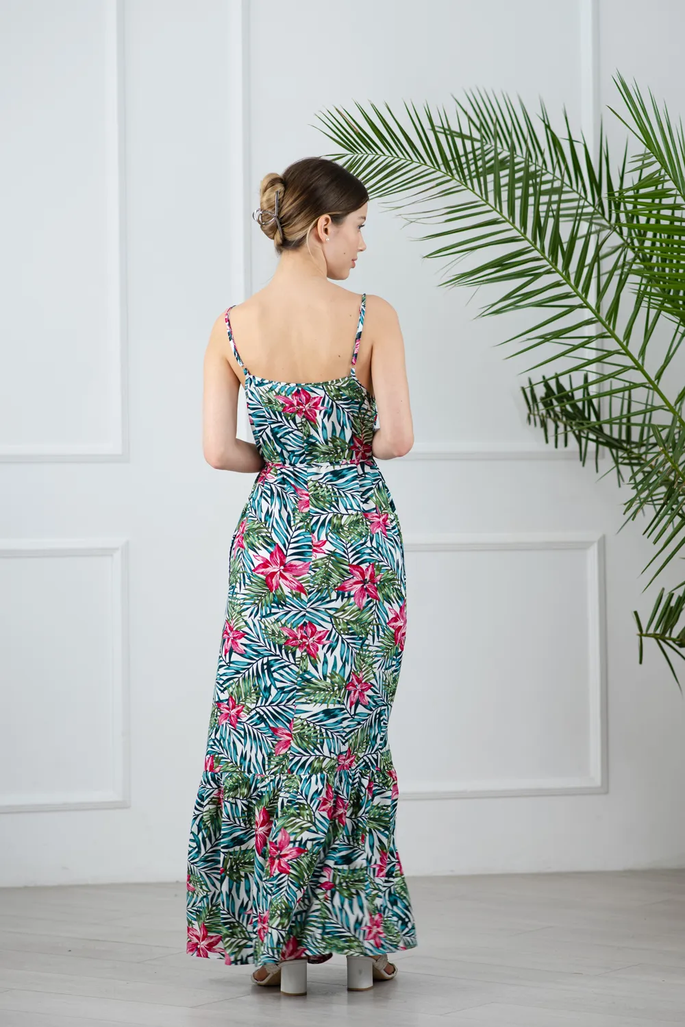 Staple print sarafan with thin straps.