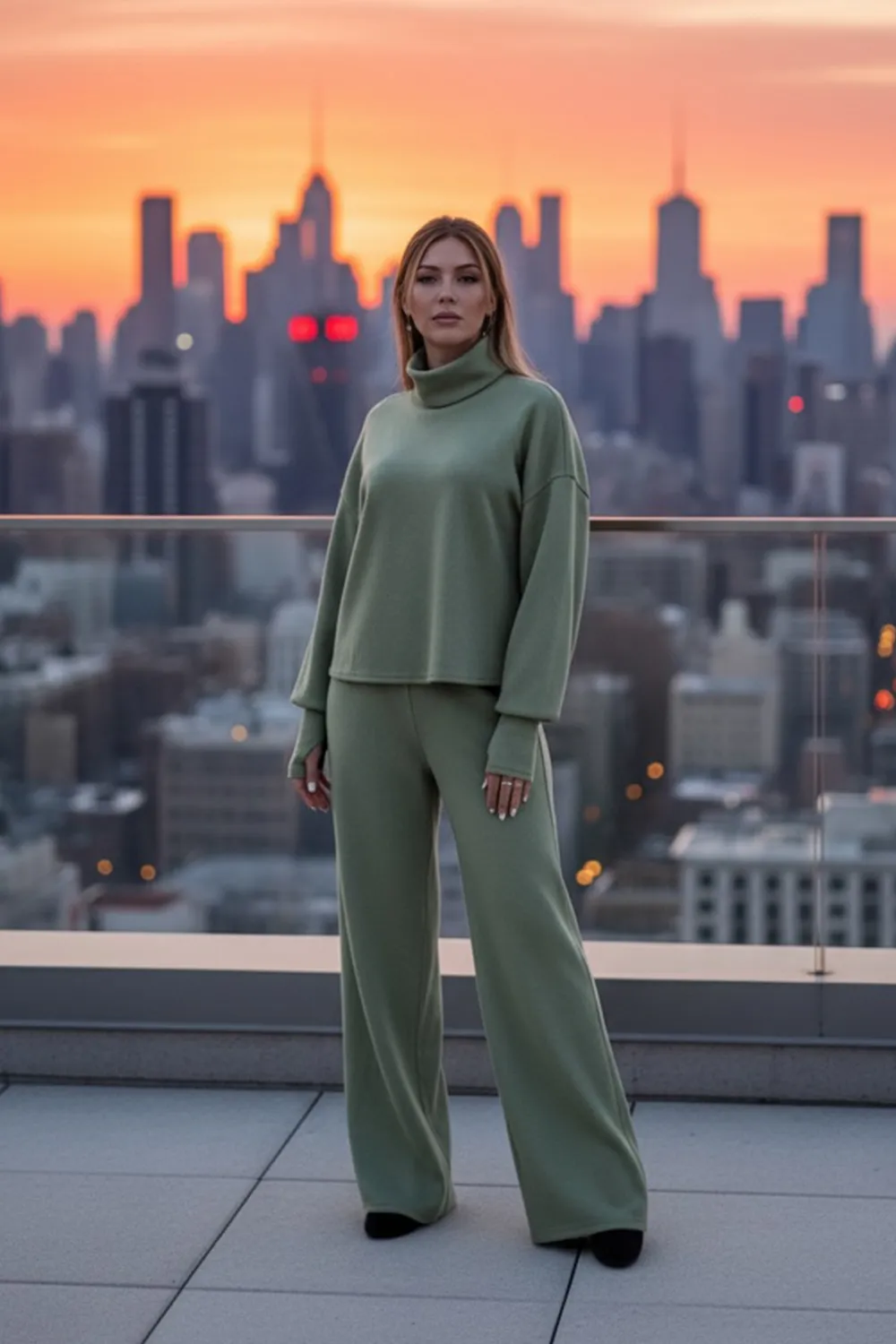 Olive green soft knit angora walking suit
