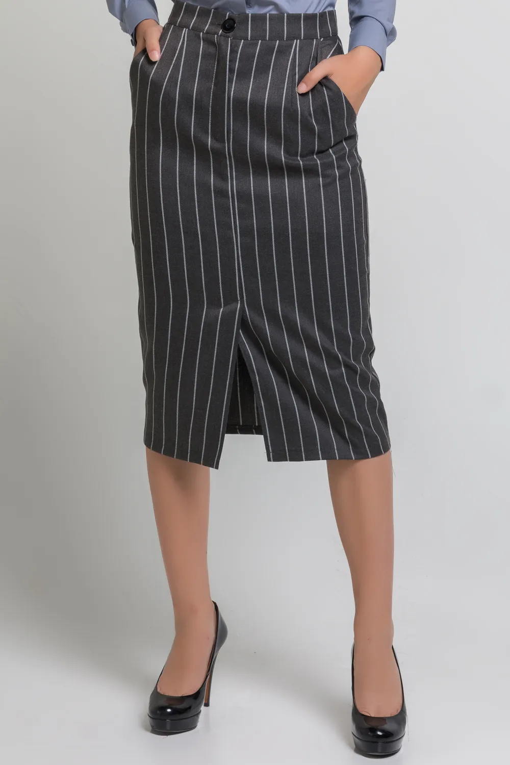 Gray striped midi length skirt.