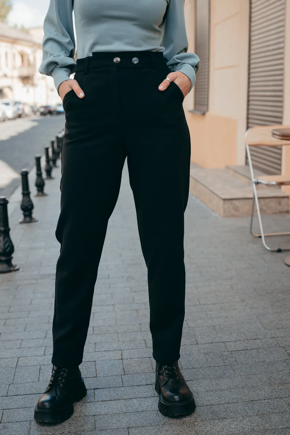 Black trousers with beveled waistband