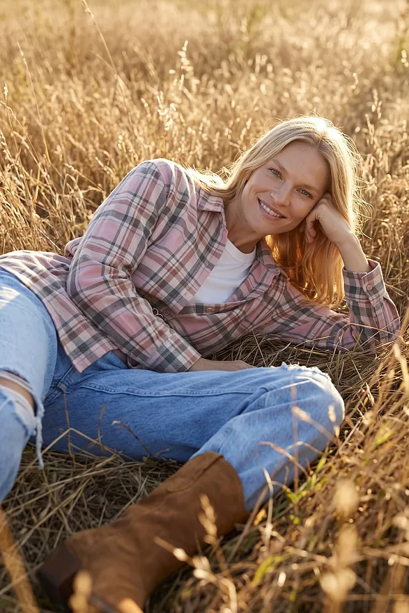 Pink plaid shirt with a loose fit